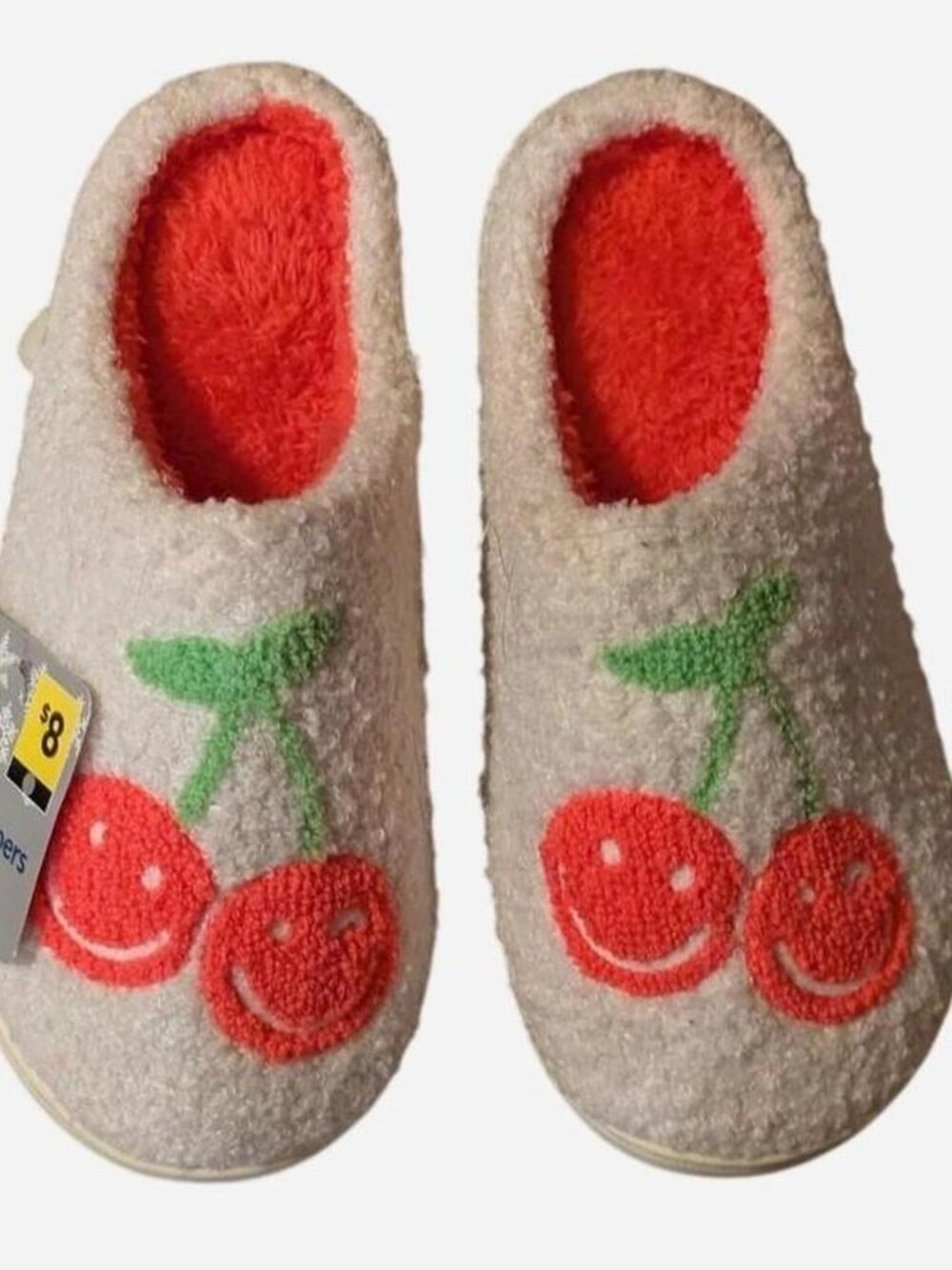 white & red cherry slippers with green stems #cherry #cozy